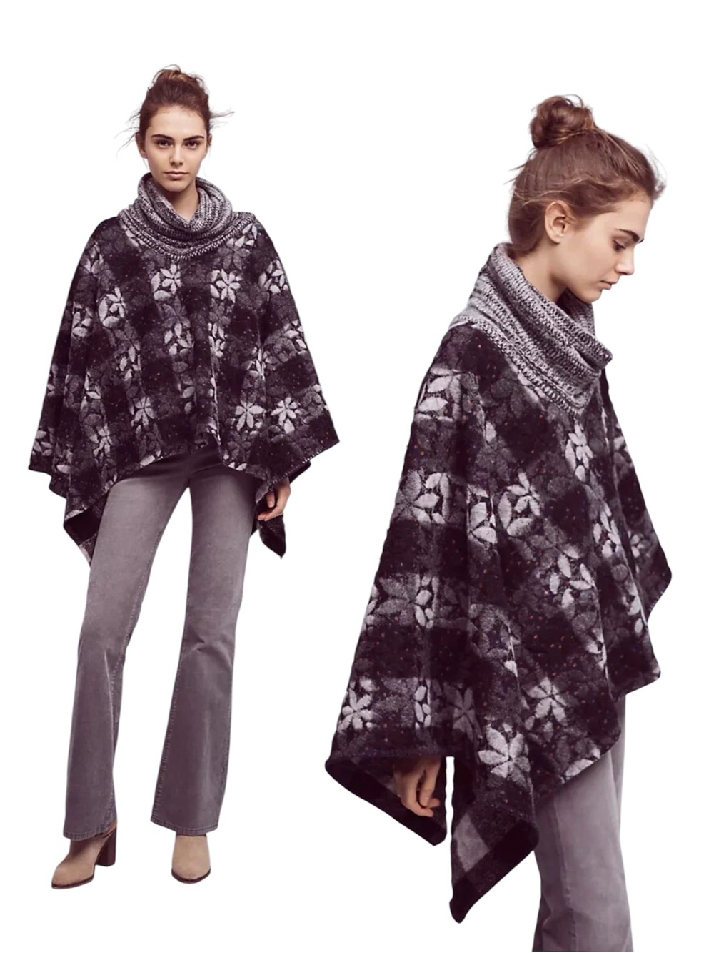 Anthropologie Knit Reversible Knit Wool Floral Checkered Turtle Neck Poncho